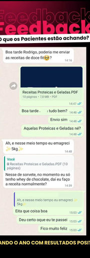 Feedback, texto em português, mensagens em tela de celular, com Dr Rodrigo Moreira
