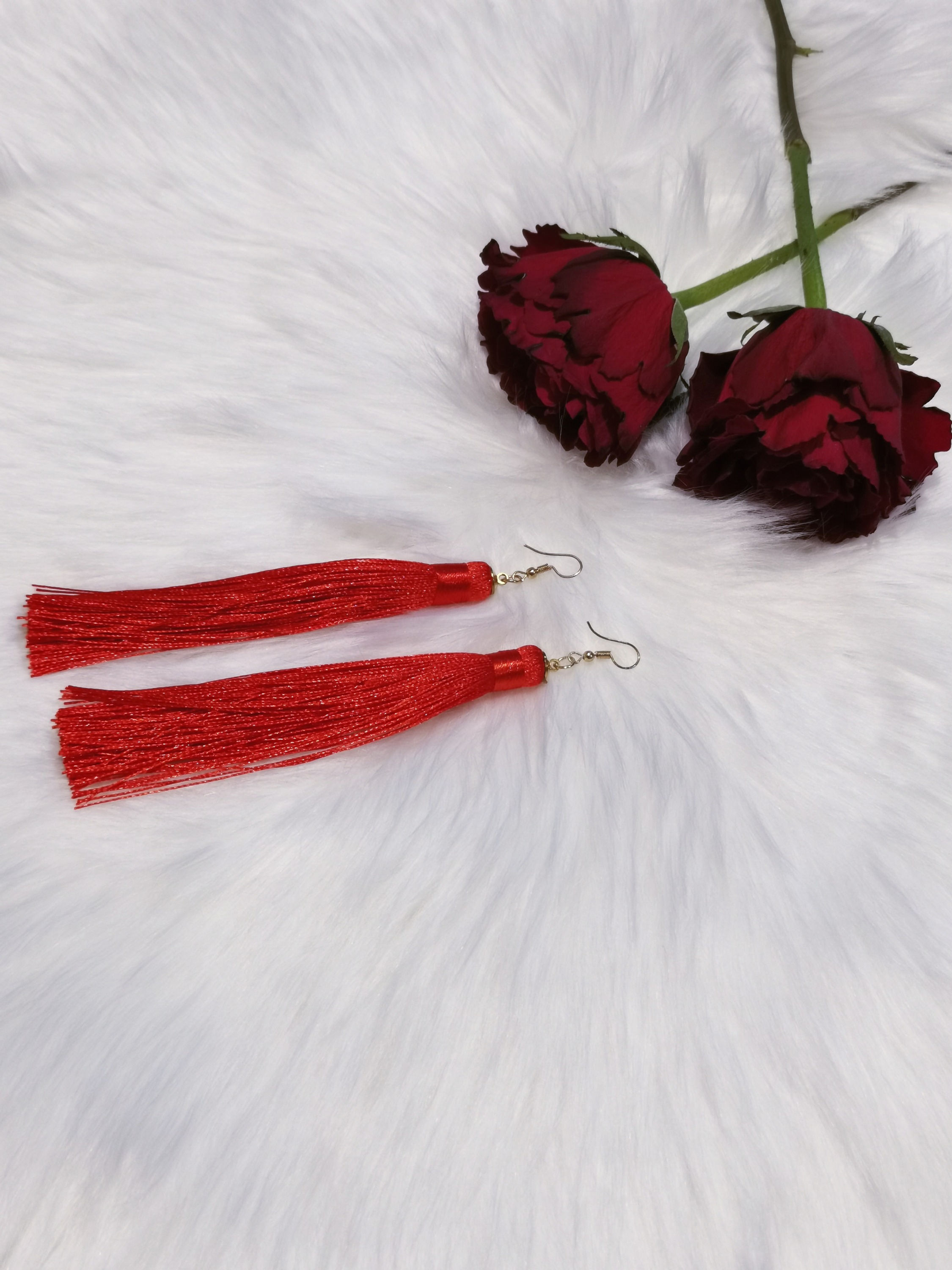 Long Tassel Earrings - Red