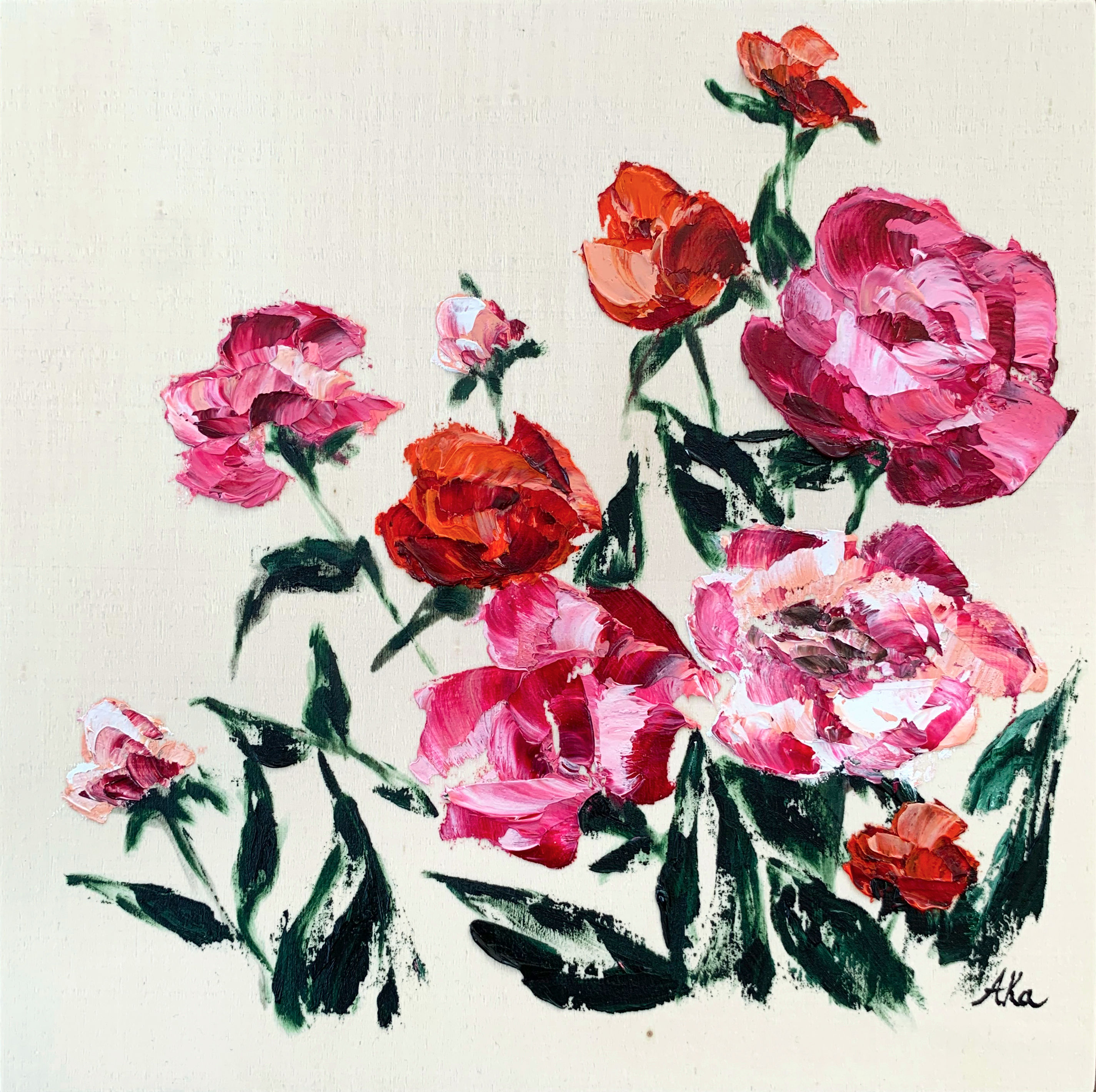 Fleurs roses et oranges sur bois