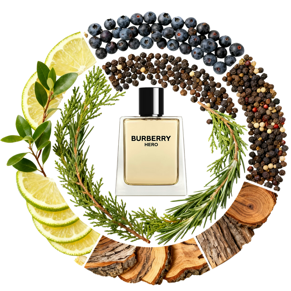 Burberry Hero Eau de Toilette surrounded by fragrance ingredients.