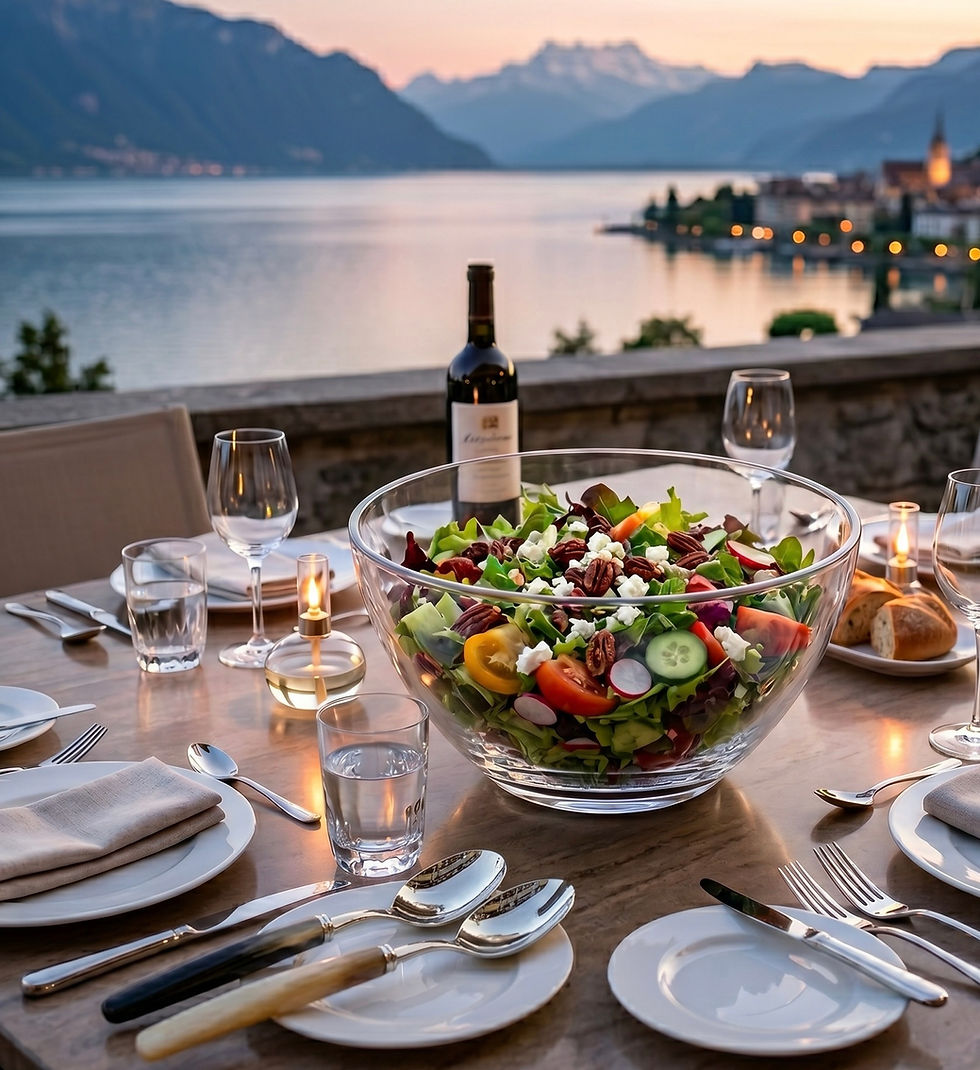 Ox horn salad servers set on a table on a terrace overlooking Lake Geneva with a salad and table set for four. Evening golden light shines over the table and the lake.