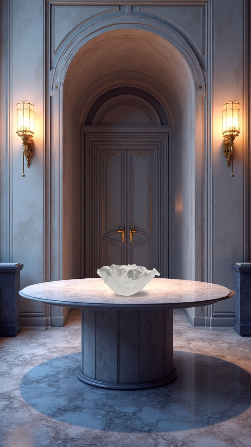 Hand crafted Venetian Murano Glass Bowl sits atop a marble table in an entranceway to a Grand Venetian home with soft grey walls and evening lighting.