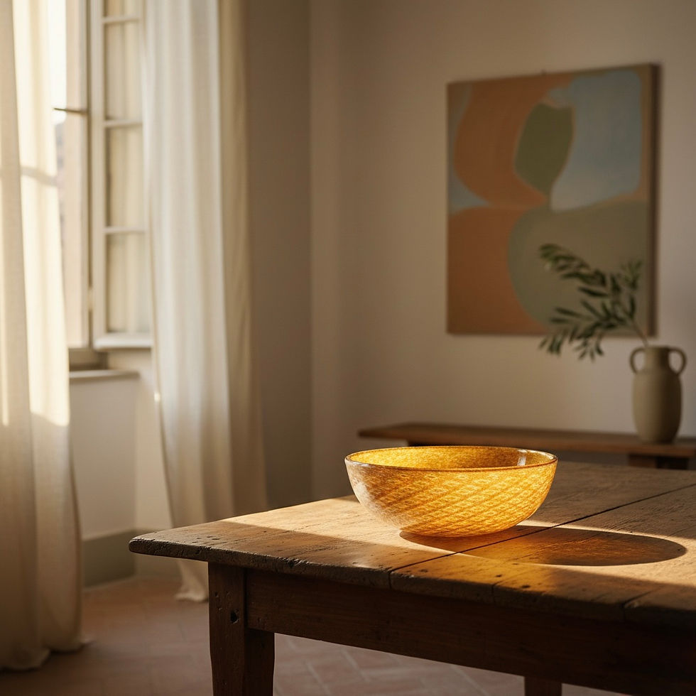 High-end Italian interior design showing the Cambio di Stagione ritual with warm minimalism and Murano glass.