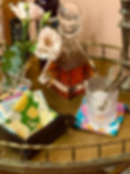 luxury gift set bar set with cocktail napkins, leather tray and crystal liquor bottles.