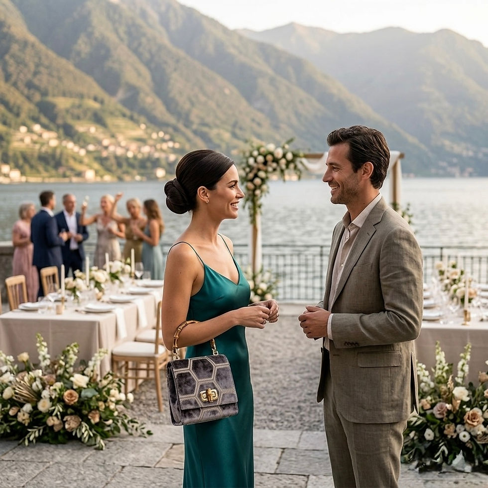 Woman wearing Teal Silk Slip dress at Lake Como wedding carrying a grey velvet handbag with bamboo handle talking to a man in a beige suit with the afternoon light behind and tables set for the wedding reception.