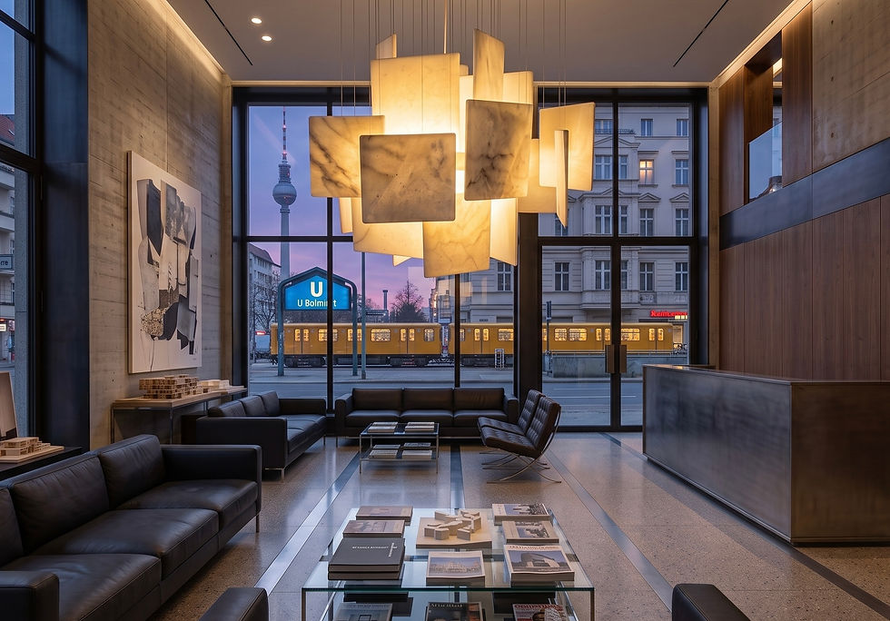 Carrara Marble Chandelier hanging in an Interior design studio in Berlin at dusk