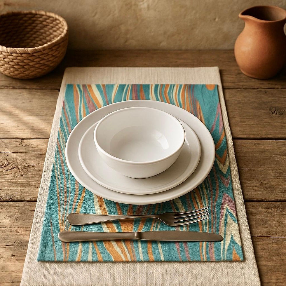 Rustic wood table set with marble placemat, basket and italian terracotta vase