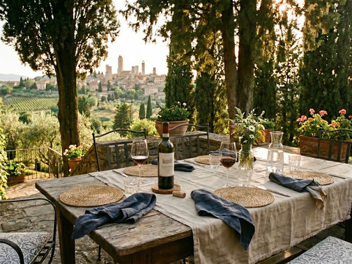 Table on a stone terrazzo in the Italian countryside overlooking a historic village