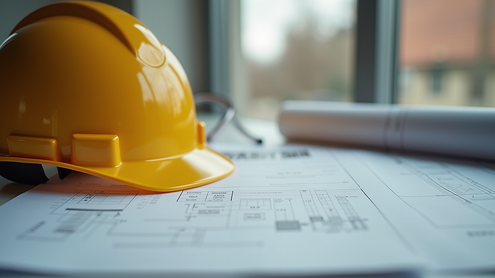 Close-up view of safety helmet and construction plans on a table