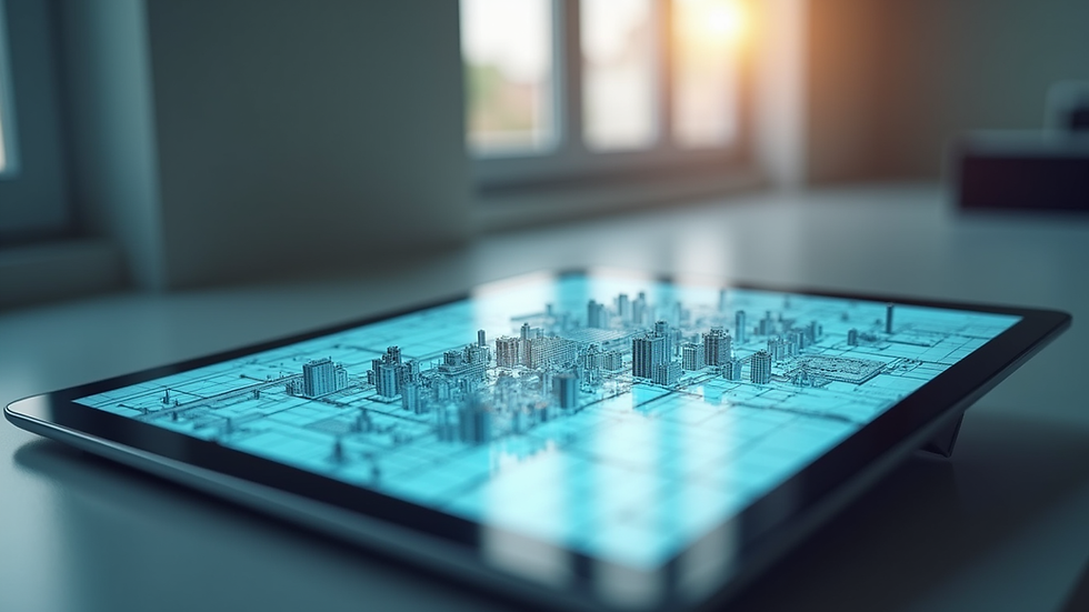 Close-up view of a digital tablet showing a 3D model of an infrastructure project