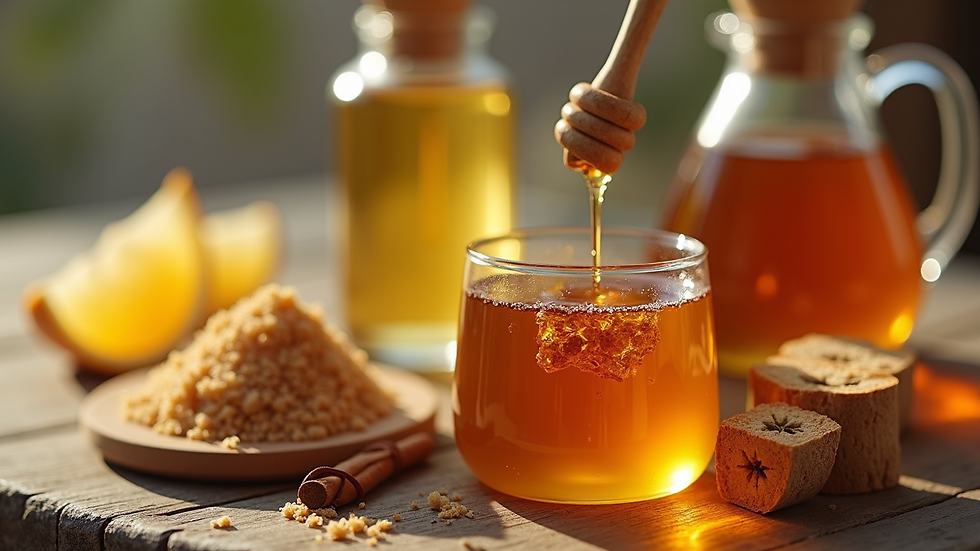 Vue en plongée d’un assortiment de produits naturels avec miel de Manuka, sucre de canne et tisanes