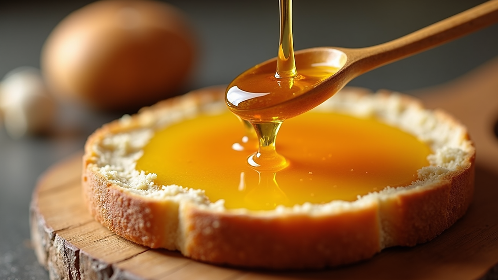 Vue rapprochée d’une cuillère de miel de Manuka versée sur une tartine de pain complet