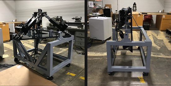 Portable P1500 Hexapod (1) operating position, and (2) travel position.