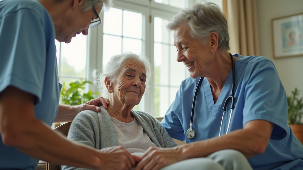 Eye-level view of a caregiver assisting a senior with daily activities