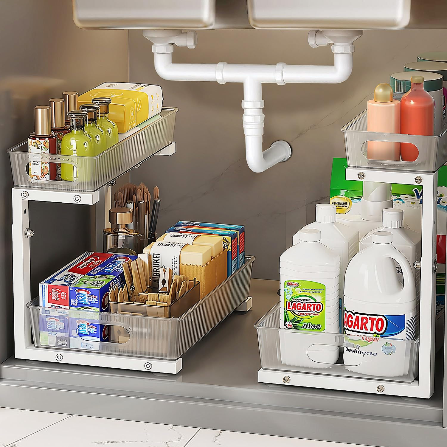 NRCUWI 2 Pack Under Sink Organizer Pull Out Cabinet Organizer 2 Tier Slide Out U