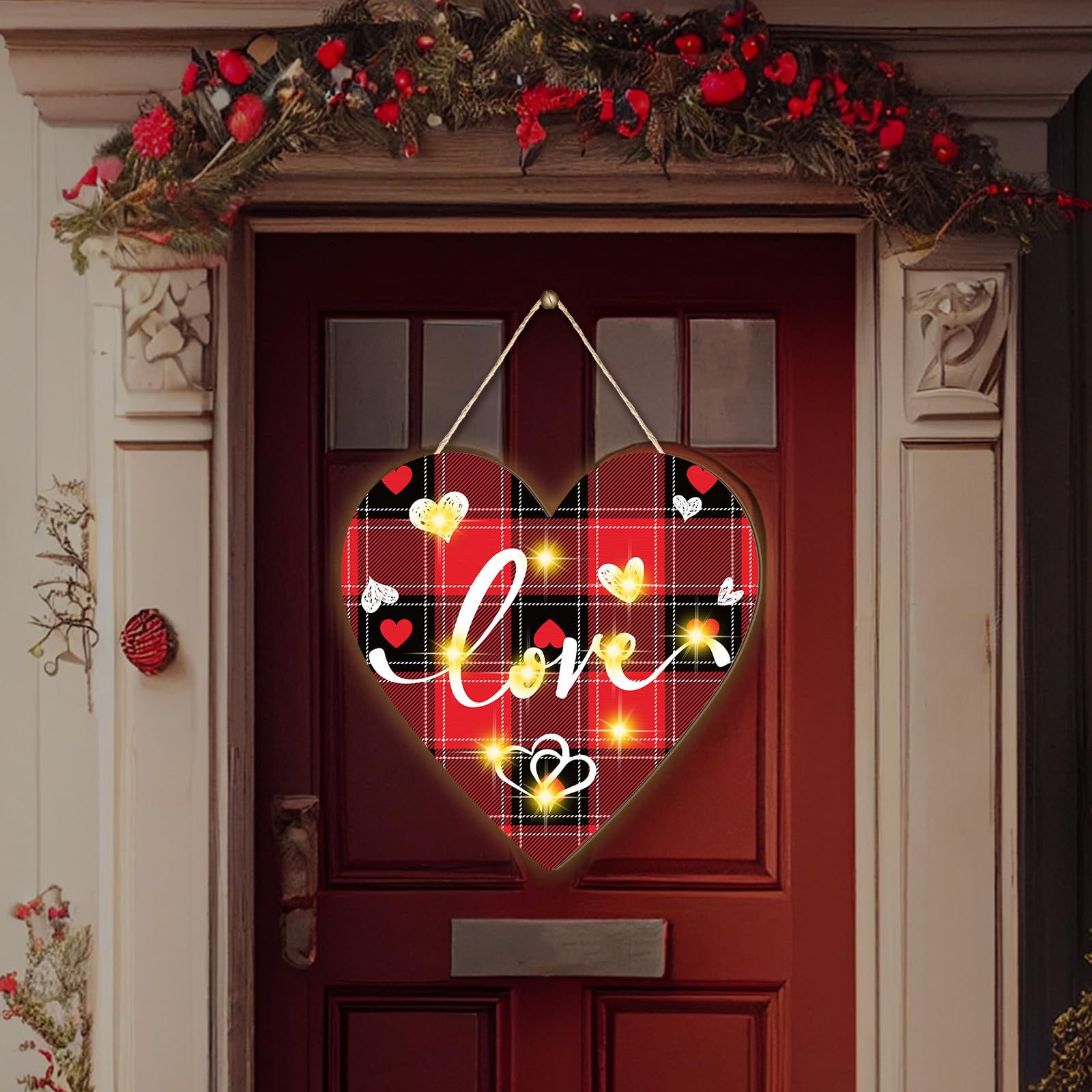Wenqik Valentines Day Wooden Door Sign Lighted up Valentines Day hanging Sign LE