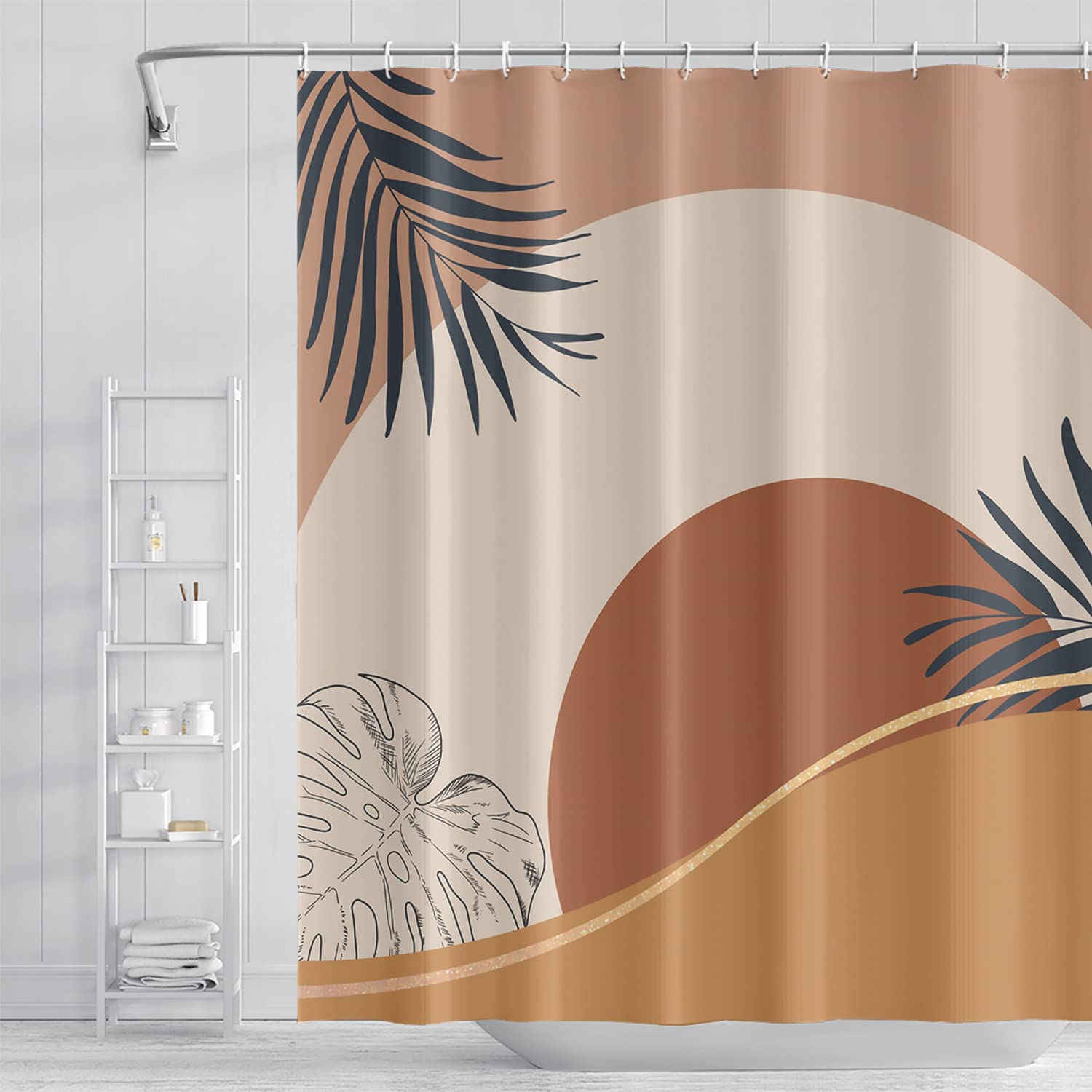 Umpoo Abstract Mid Century Boho Bathroom Shower Curtain Orange Sun Eucalyptus Le