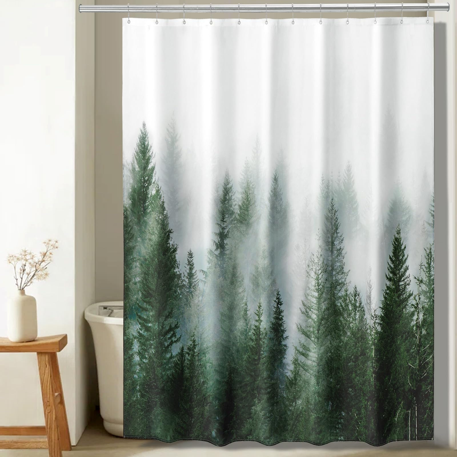 ORTIGIA 84 Inch Long Green Misty Forest Shower Curtain for Bathroom Nature Woodl