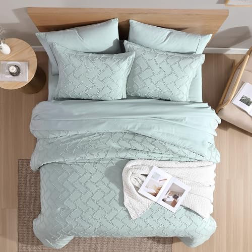 Tufted King Comforter Set - Sage Green Boho Geometric Pattern Bedding Set for Al