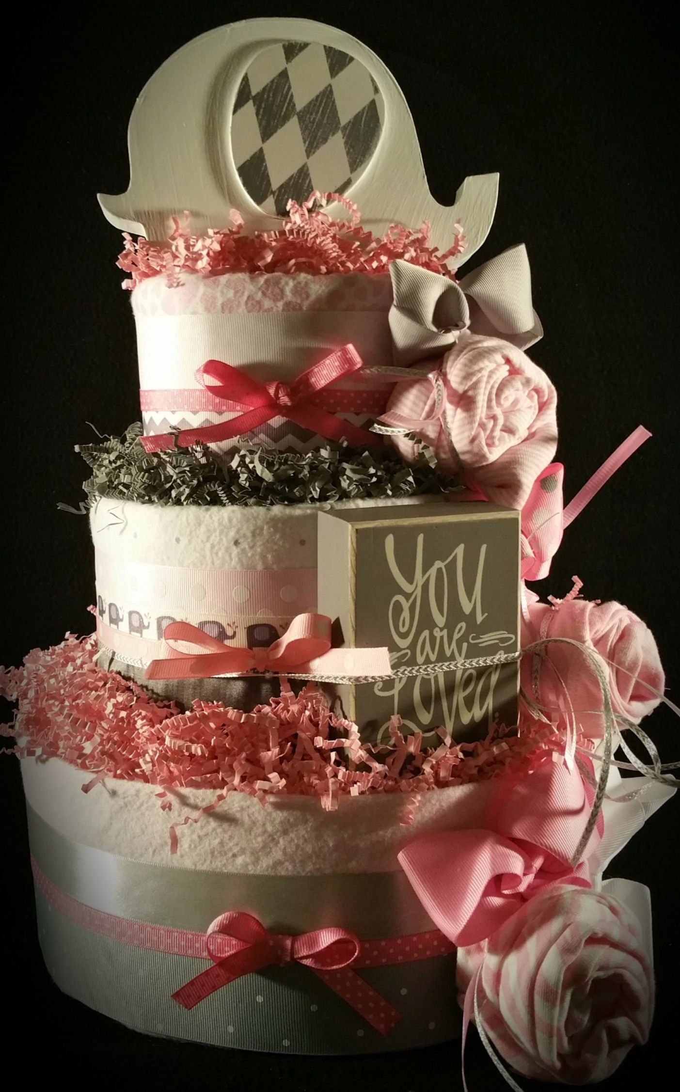 3 Tier Pink & Grey Elephant Diaper Cake