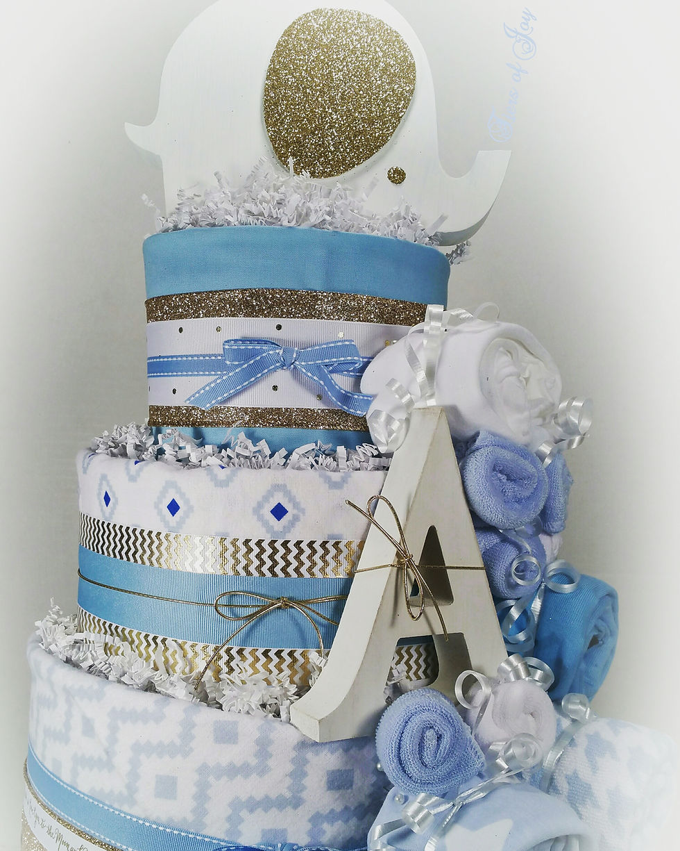 Thumbnail: 3 Tier Baby Boy Blue DIAPER CAKE w/ Elephant Cake Topper