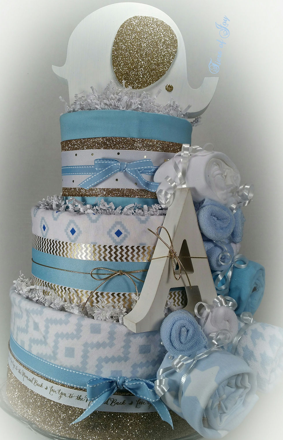 Thumbnail: 3 Tier Baby Boy Blue DIAPER CAKE w/ Elephant Cake Topper
