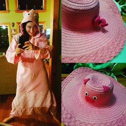 Hand-sewn pig onesie made from upcycled felt. Pink hat adjusted with felt to make a pig hat