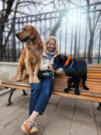 Participantă cu doi câini pe bancă, în timpul unei ședințe coordonate de Cătălin - website Cătălin Cornea psiholog canin