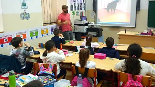 Activitate educațională despre câini susținută de Cătălin Cornea în fața unei clase de copii  - proiect social Cătălin Cornea - website Cătălin Cornea psiholog canin