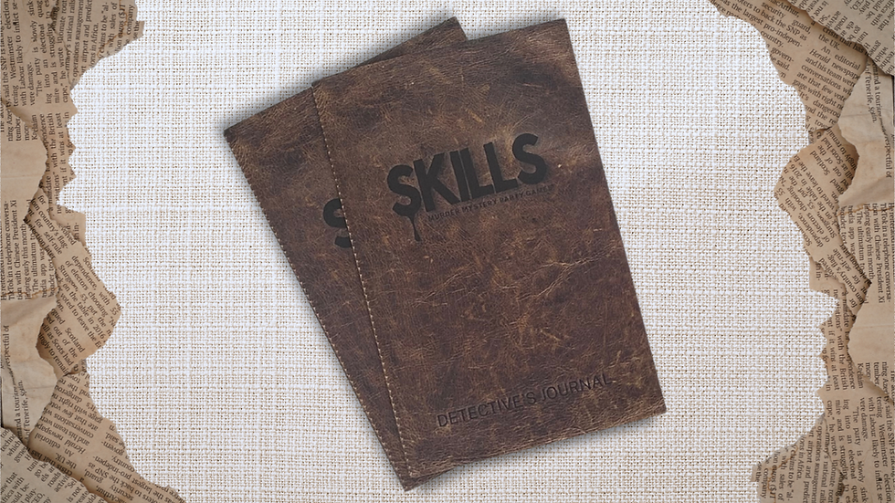 Brown journals labeled "SKILLS: Murder Mystery Party Game" on a textured background, surrounded by torn newspaper edges.