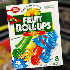 Box of Fruit Roll-Ups with colorful rolls and "Hot Colors Variety Pack" text. Features vibrant fruit graphics and "4 Colors in Every Box."