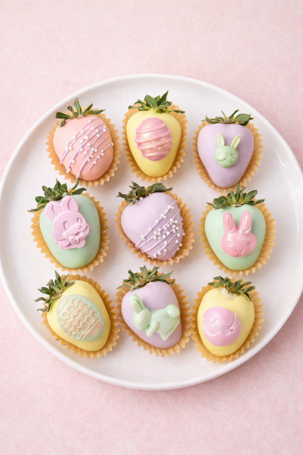 A 9-piece box of pastel Easter chocolate-covered strawberries with bunny and egg decorations