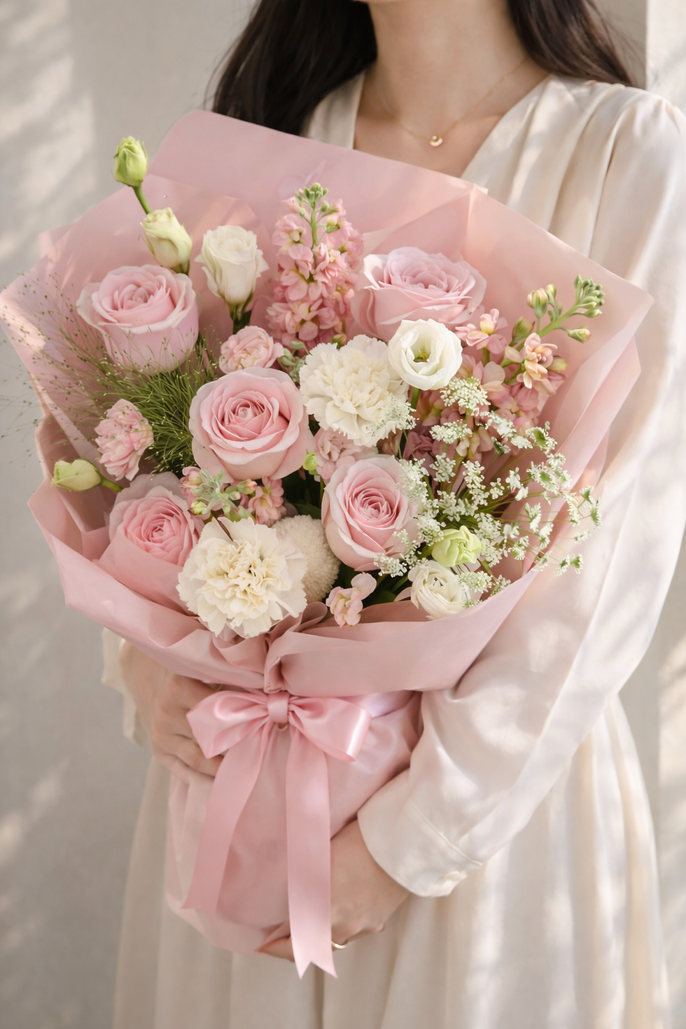 soft blush floral arrangement with premium roses