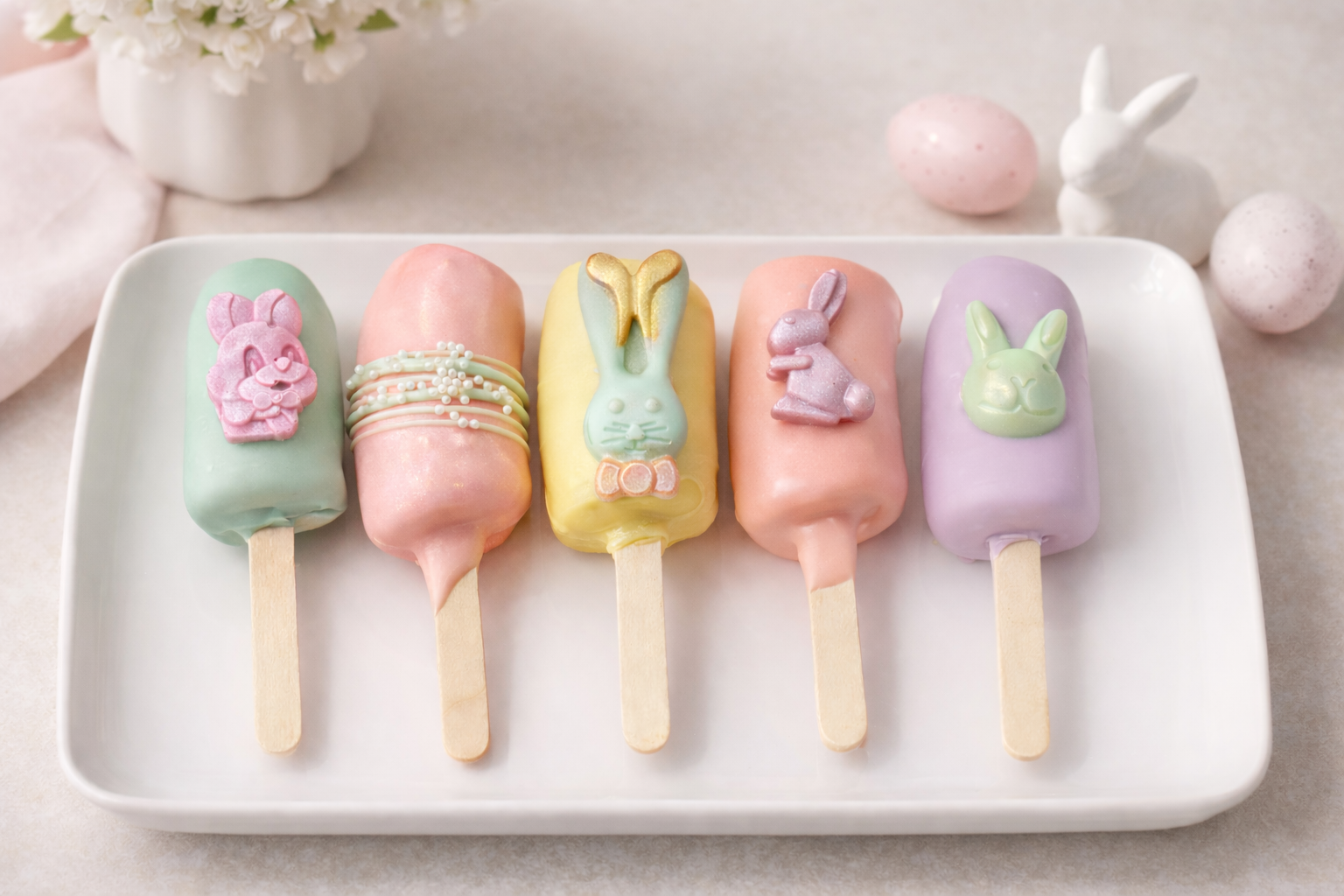 Playful Easter chocolate bananas decorated with pastel chocolate and bunny designs
