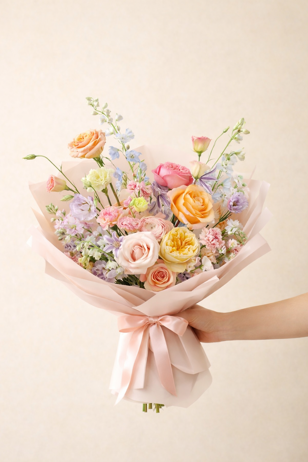 airy pastel garden bouquet with peach, yellow and blush roses 2