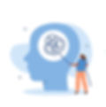 Blue vector illustration of a head with a woman untangling a roll of string in the head.