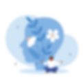 A blue and white vector illustration of a head with a woman sitting on the floor and flowers growing in the head.