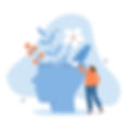 A blue, white, and orange vector illustration of a head with four flowers growing out of the head a woman watering the flowers.