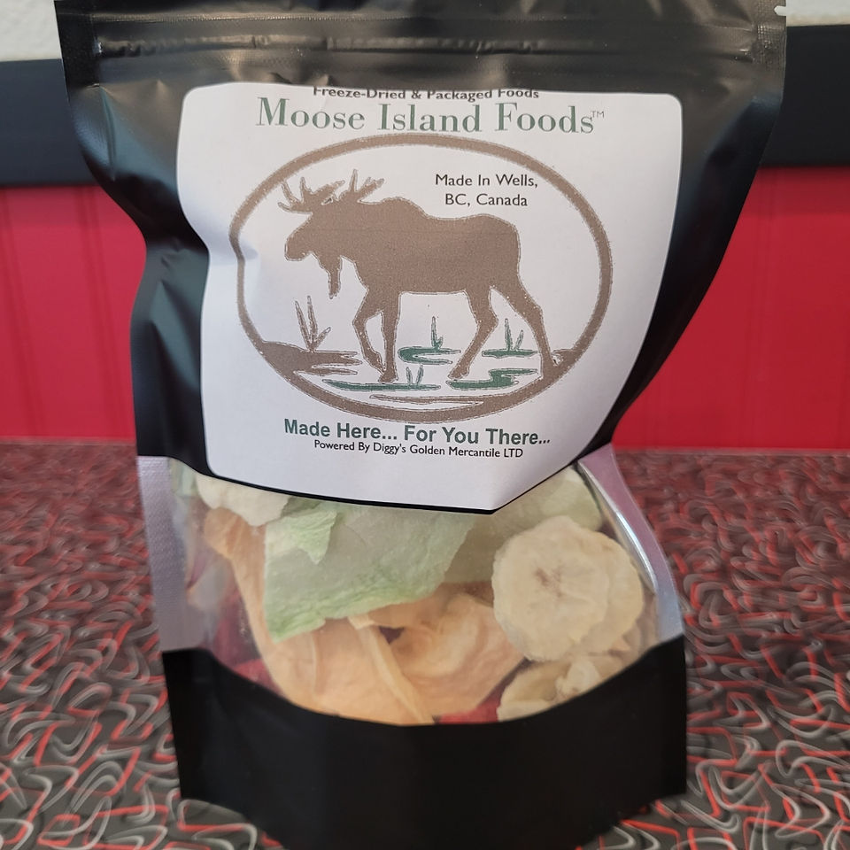 Freeze-Dried Fruit Bag in black bag with clear front window showing the fruit inside with label description
