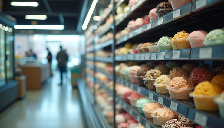 Eye-level view of a freezer shelf with various ice cream and frozen dessert containers