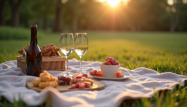 High angle view of a romantic picnic setup with freeze-dried treats and wine