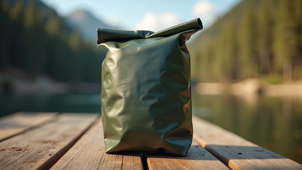 Eye-level view of a lightweight backpacking meal pouch on a wooden table