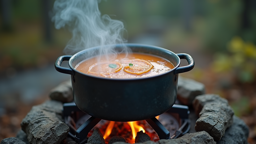 Close-up view of a camp stove with a pot of rehydrating soup in the Canadian wilderness