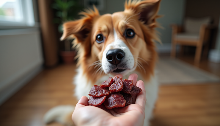 Eye-level view of a dog eagerly waiting for a freeze-dried beef liver treat