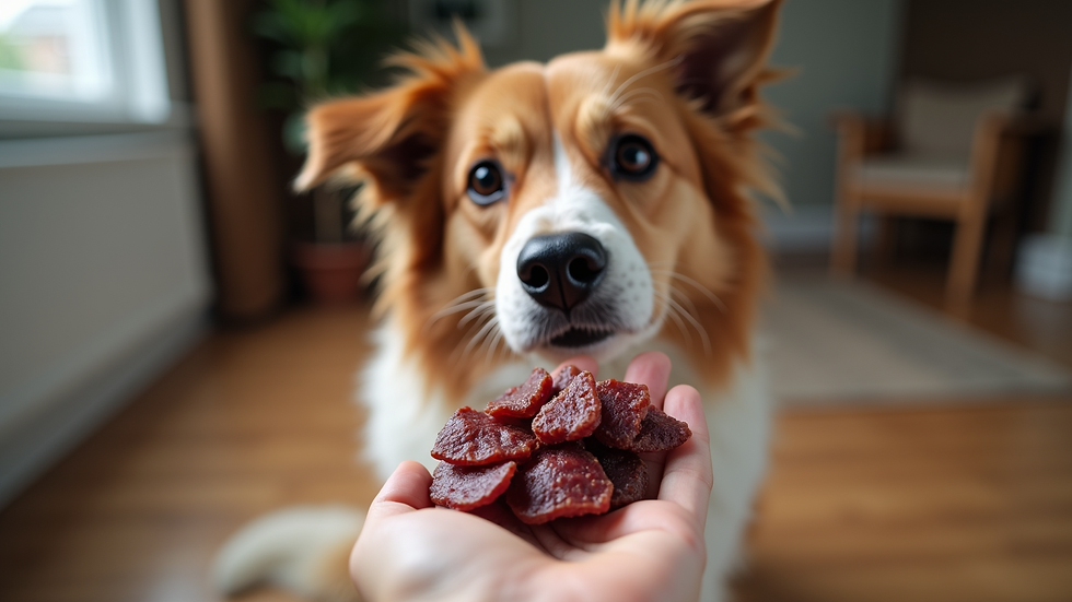 Eye-level view of a dog eagerly waiting for a freeze-dried beef liver treat