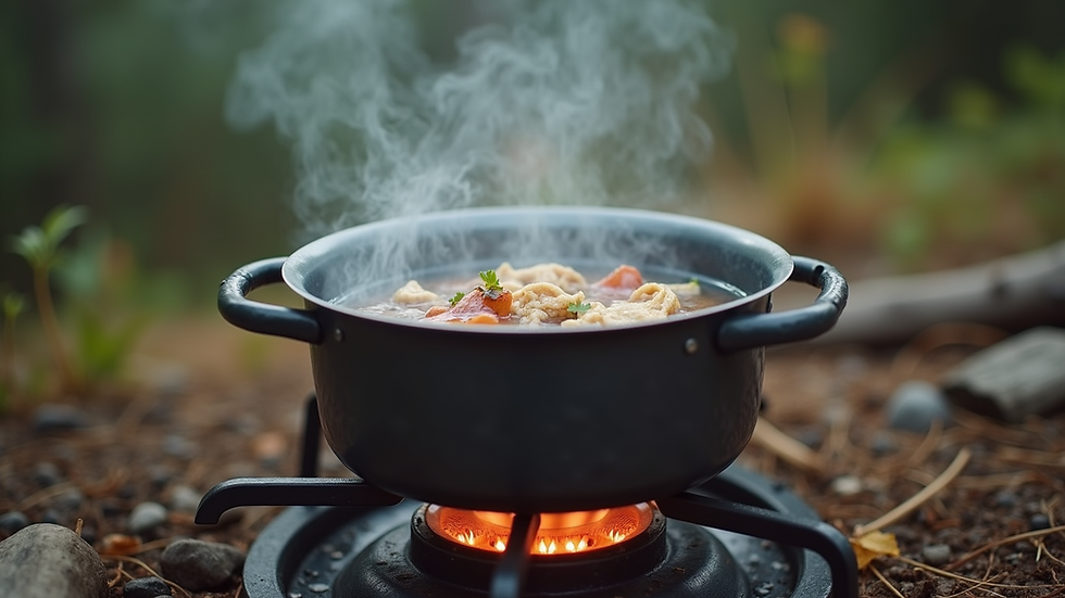 Eye-level view of a camping stove with a pot boiling water for rehydrating a freeze-dried meal