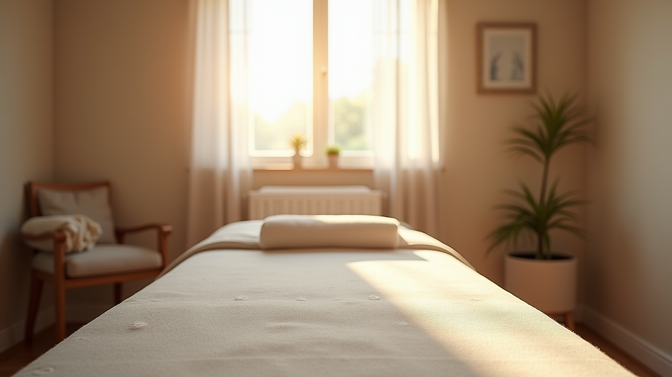 Eye-level view of a calm acupuncture treatment room with a treatment table