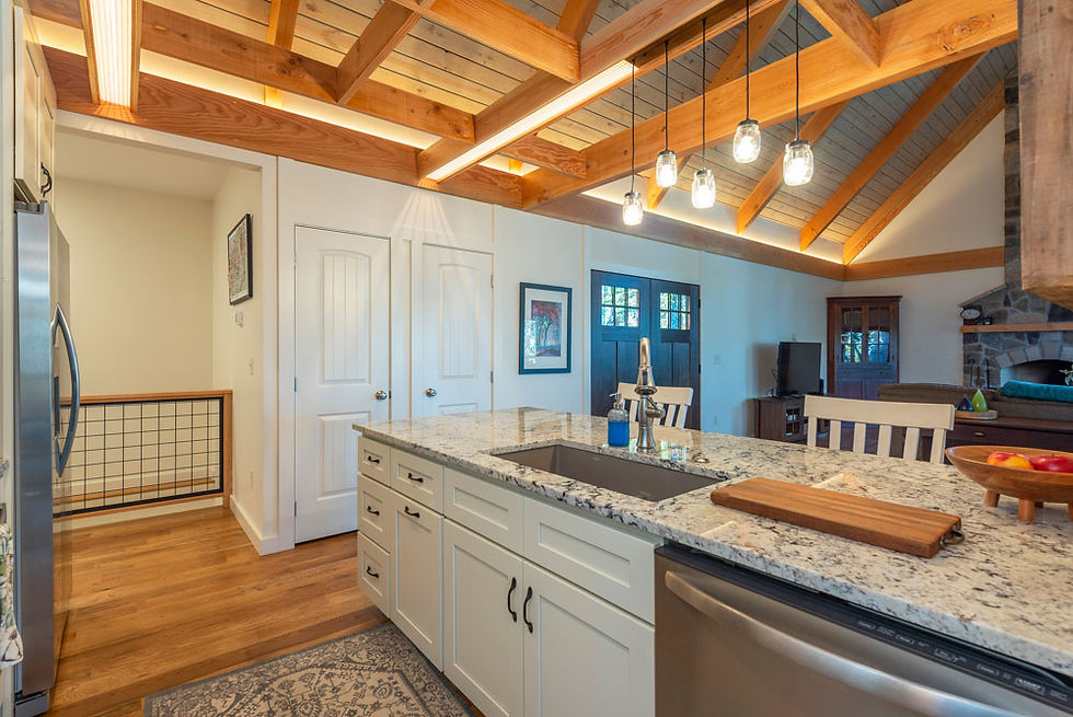 The galley kitchen centers on function and gathering.