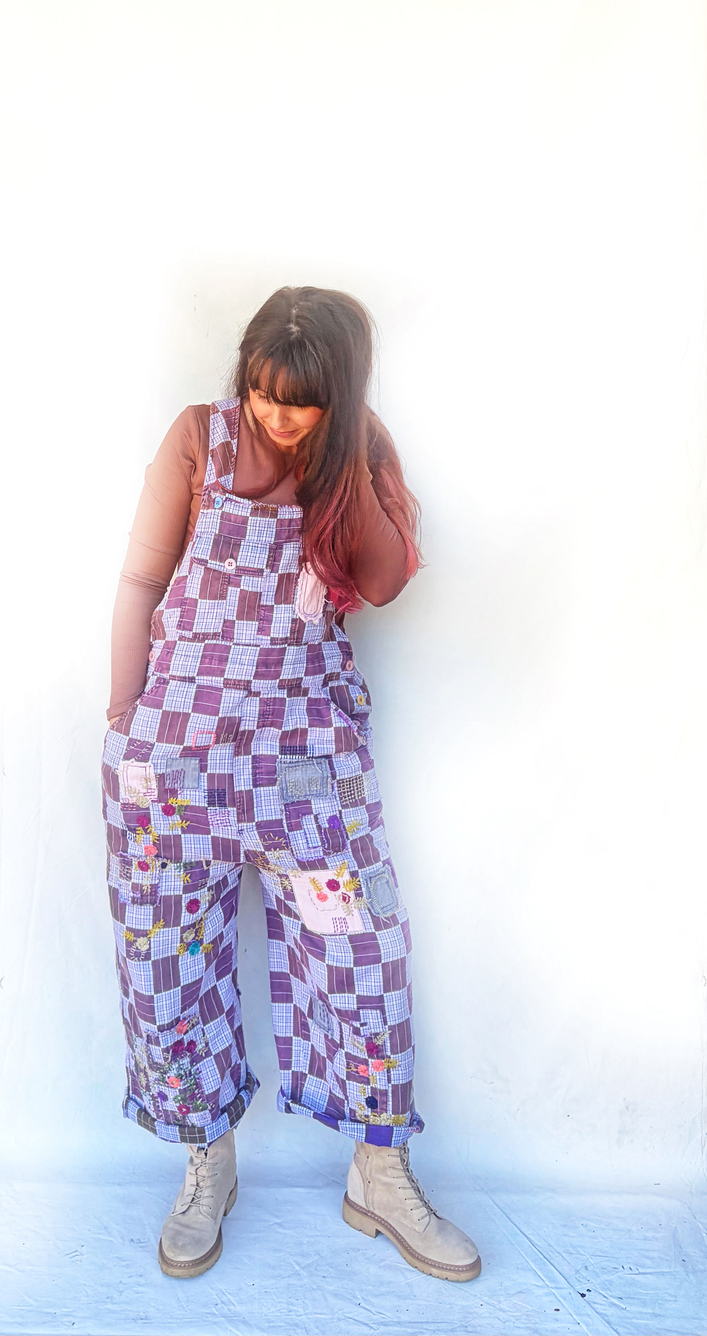 PURPLE CHECK & EMBROIDERED JUMPSUIT