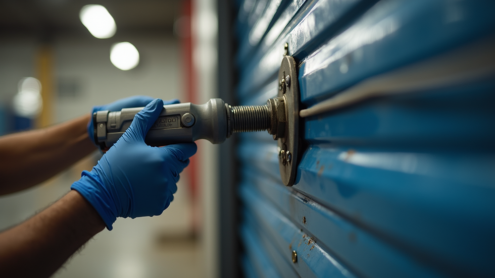 Close-up view of a garage door spring being repaired